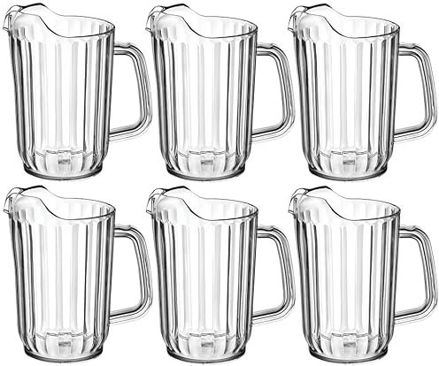 OCS Parts Pro Series 6-Pack 32-Ounce Plastic Pitchers | Clear, Heavy Duty Pitchers with Enhanced Grip and Pour Spout | Classic Restaurant Carafe Pitcher for Water, Juice, Beer, and Iced Tea