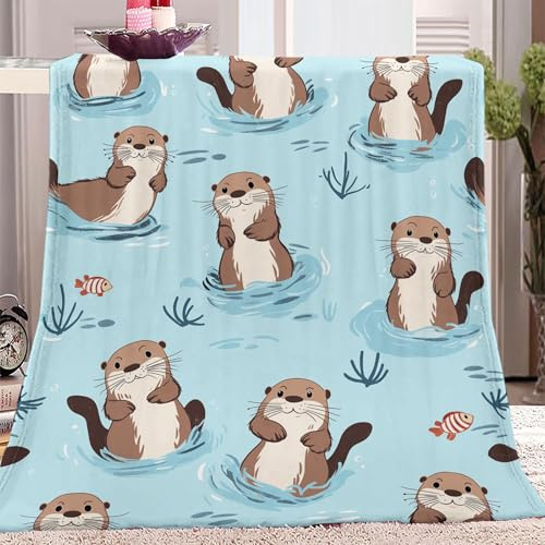 Decke Werfen 130 x 150 cm Fleece Decke für Mädchen Erwachsene mit Muster Süßer Otter Flanell Mikrofaser 3D Kuscheldecke Blau Weiche Sofadecke Couchdecke