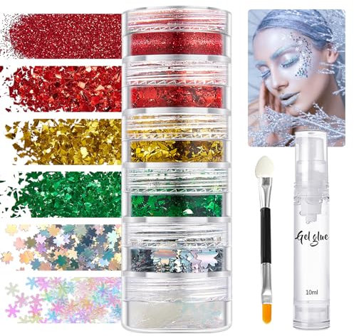 Glitzer Set, 6 Pcs Glitzer Gesicht Festival Glitzerpulver Set, Fein & Chunky Pailletten Schminke Make-Up Zubehör Für Nägel Augen Lippen Haare Körper, Weihnachten Glitter Set Mit Glitzerkleber