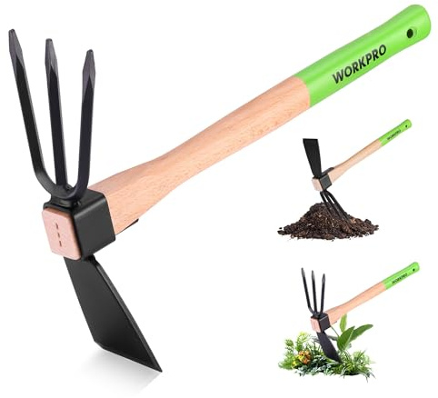 WORKPRO Hoe and Cultivator Garden Rake with 14 Wooden Handle, Sharp Hoe Blade & Sturdy 3 Claw Tiller, 2-in-1 Heavy Duty Gardening Hand Tools for Digging, Loosening Soil, Weeding, Cultivating