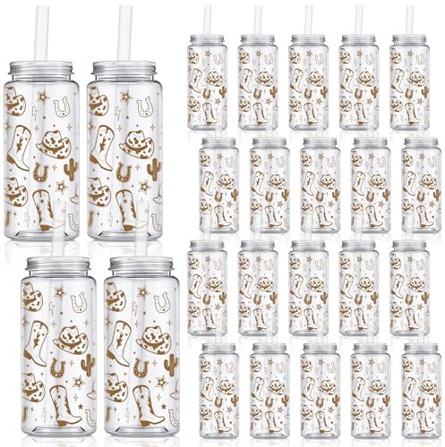 Qinyoung 24 Pcs Western Cowgirl Cowboy Plastic Tumbler 14.2 oz Reusable Cups with Lids and Straws Beer Can Iced Coffee Cup for Preppy Party Decoration Women Cowgirl Gift(Brown,Classic Style)