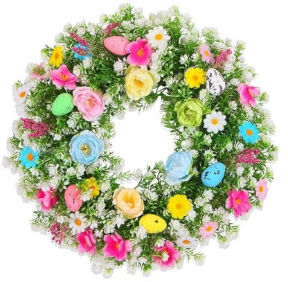 perfk Bunter Osterkranz, grüne Girlande, dekorativer künstlicher Blumenkranz, runder Party-Bauernhaus-Frühlings-Türkranz, Dekor, 45 cm