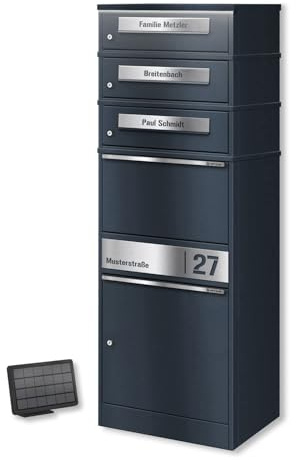 Metzler® boîte aux Lettres Colis multifoyers avec éclairage Solaire LED et Compartiment XL sécurisé Anthracite – gravé | Acier thermolaqué Robuste, plaques INOX personnalisées Bispo 2