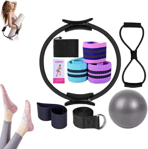 Generisch Pilates Essentials Kit für Frauen - 11-teiliges Yoga-Set mit Widerstandsbändern, Pilates-Ring, Ball und Anleitung - inklusive GRATIS Anti-Rutsch-Yoga-Socken (Schwarz)