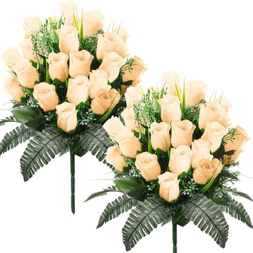 XunYee 2 Pack Memorial Day Cemetery Flowers with Grave Vase 48 Heads Artificial Memorial Flower Bouquet Silk Rose Spring Floral Arrangement for Gravesite Headstone Outdoor Decor(Champagne Gold)