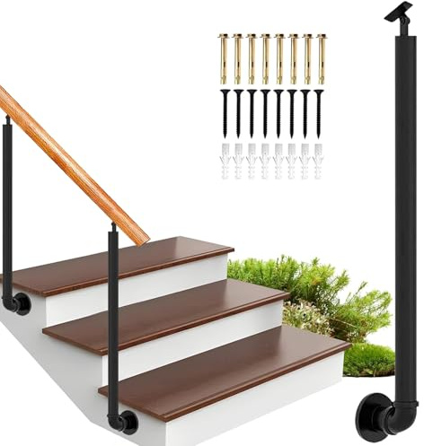Scaletta in ferro battuto nero con tubo rotondo regolabile per portico esterno, kit di installazione per ringhiera da giardino (65 cm)