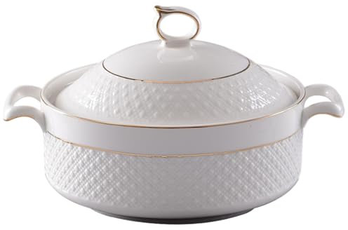 Xoeryoy Soup Tureen Ceramic, 1.5L White Serving Bowls with Gold Border Double Handle Soup Tureen with Lid and Ladle Set for Pasta