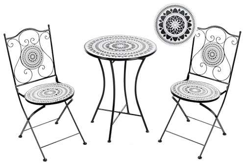 Beliani Balkonset 3-teilig Eisen schwarz/weiß Mosaik Tisch mit 2 Stühlen klappbar Comiso