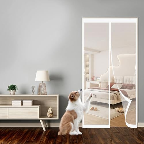 Magnetic Window Screen 105 x 203 cm Top-to-Bottom Seal Snaps Shut Automatically Magnetic Fly Insect Screen for Patio Doors Balcony Bedroom, White