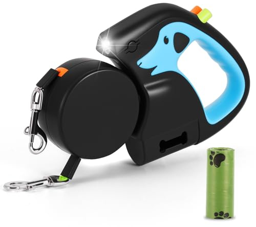Hundeleine, rutschfest, 3 m, einziehbare Hundeleine, doppelt einziehbare Hundeleine, mit wiederaufladbarer Taschenlampe und mit Kotbeutel, bis zu 20 kg, 360° Anti-Verheddern, Nylon, für 2 Hunde zum