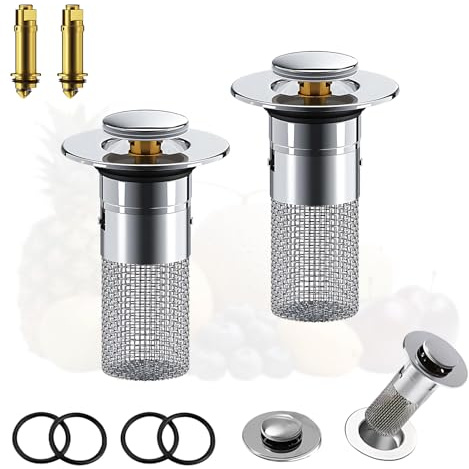 Nevoluxer 2 Tappi per Lavandino Bagno con Filtro a Scomparsa, Tappo Universale per Lavello (34-40 mm), Tappi Lavandino Bagno per Lavelli da Appoggio