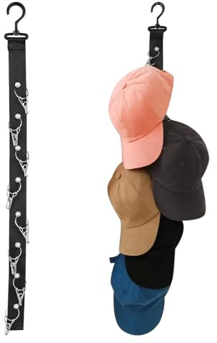 Henyall 1Pcs Cap Holder,Baseball Cap Holder Wall Hanging,Hat Storage with 8 Stainless Steel Clips and 1 Self Adhesive Hooks,Hat Rack for Baseball Hats,Sports Caps,Golf Caps,Ties & Clothes(Black)