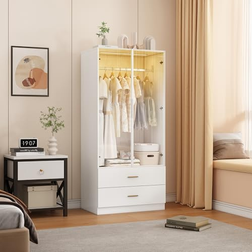 BRILVERDE Schlafzimmerschrank mit LED-Beleuchtung,Kleiderschrank mit Glastüren,Garderobenschrank mit Kleiderstange und Schubladen (Weiß B, 50x80x175 cm)
