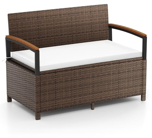 COSTWAY 2 en 1 Banc Coffre Exterieur en Rotin PE, Banc de Jardin avec Coussin, Coffre de Rangement 175 L, Accoudoirs en Bois d'Acacia, pour Jardin Balcon, Charge 360 kg (Marron+Blanc,120 x 61 x 84 cm)