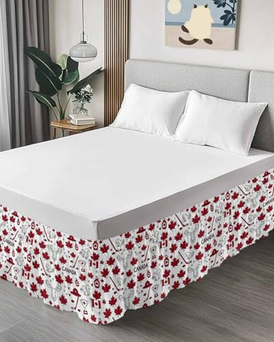 Happy Canada Day Bed Skirt Wrap Around Bed Skirts for King Size Beds with 16 Inch Drop Adjustable Elastic Dust Ruffle Red Maple Leaf Flag Line Beaver Squirrel Pleated Bed Frame Cover