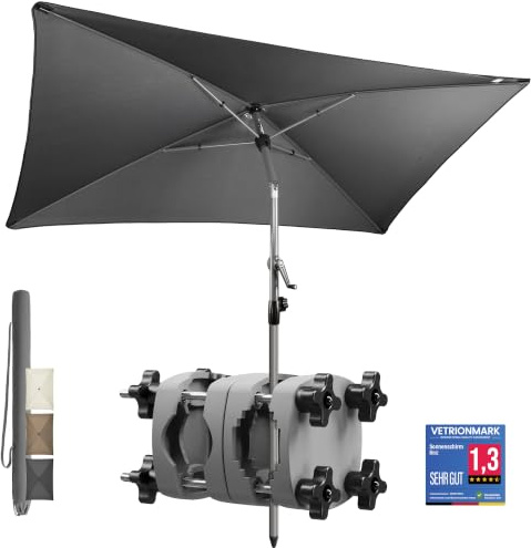 4smile SunnyShade Sonnenschirm Balkon mit Halterung im 3-er-Set, UV 50+, 200x125 cm, Anthrazit, Sonnenschirm rechteckig, Sonnenschutz Balkon, Balkonschirm mit Sonnenschirmhalter, für Balkongeländer