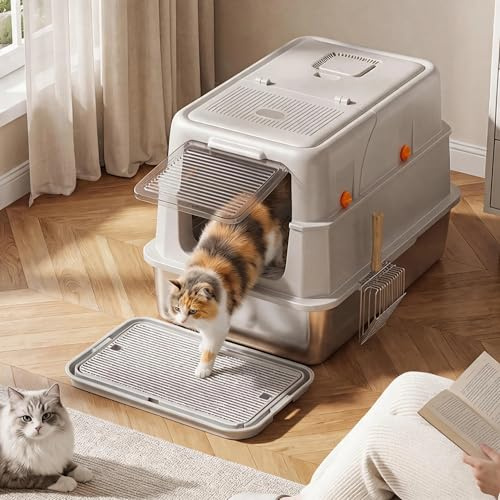 Klyvvo XXL Lettiera Gatto Chiusa in Acciaio Inox, Lettiera Gatto Chiusa Grande con Coperchio, Toilette per Gatti con Filtro a Carbone Attivo, Coperchio Ribaltabile 180°, Paletta Metallica, Tappetino