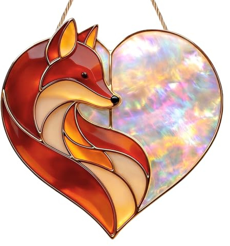 Heart Fox Suncatcher, Acrylic Stained Glass Sun Catchers for Windows, Vibrant Hanging Ornament for Outdoor Indoor, Romantic Fox Gifts for Women Animal Lovers
