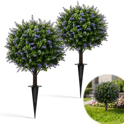 Normodic Artificial Lavender Topiary Ball Trees, 2 Pack 24 Artificial Boxwood Topiary Balls with Lavender, UV Resistant Fake Shrubs with Ground Spike, Faux Evergreen Plants for Outdoor Indoor Porch