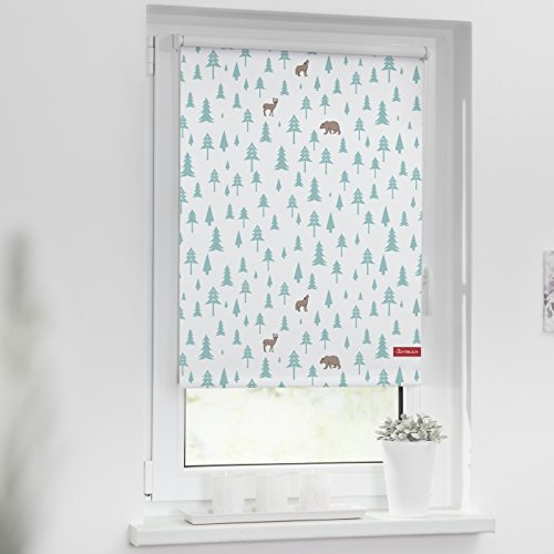 Lichtblick Klemmfix Verdunklungs-Rollo mit Motiv, ohne Bohren, Blickdicht, Seitenzugrollo, Made in Germany, Okko - Weiß Türkis 90 x 150 cm (B x L)