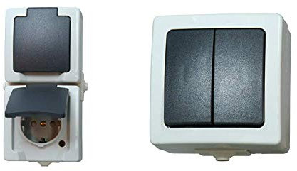 Kopp Nautic Steckdose für Feuchtraum, Aufputz, 250V (16A), 2-fach Schutzkontakt-Steckdose mit Deckel, grau & Nautic Serienschalter mit 2 Wippen, Aufputz, 250V (10A), IP44, grau