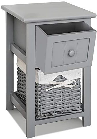 LIVIVO Grey Shabby Chic Style Wooden Bedside Cabinet Table With Matching Wicker Basket