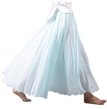 Mujer Bohemia Algodón Lino Doble Capa Cintura elástica Falda Larga Larga Falda Larga de Estilo étnico en Color Liso con Falda de Gran Swing (Azul Agua, 75)