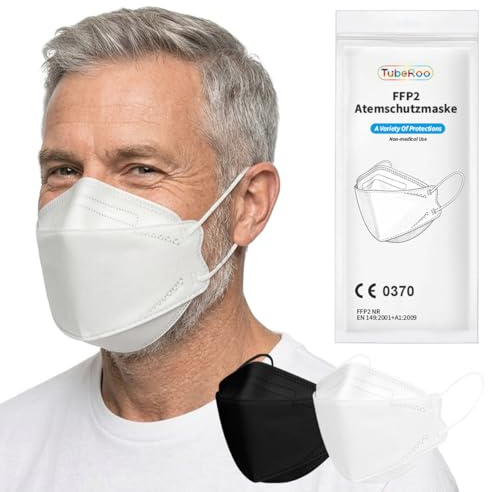 TubeRoo FFP2 Lot de 20 masques en forme de poisson Blanc Certifié CE Expédié par l'Allemagne Boucles d'oreilles rondes souples et respiratoires