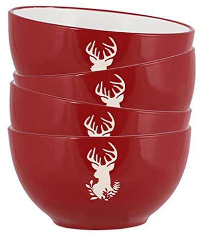 Set of 4 Bowls Red & White Stoneware Crockery Dinner Service | Dishwasher Safe, Microwave Safe, Hand Painted, Dessert Bowl, Breakfast Bowl, Dinner Set