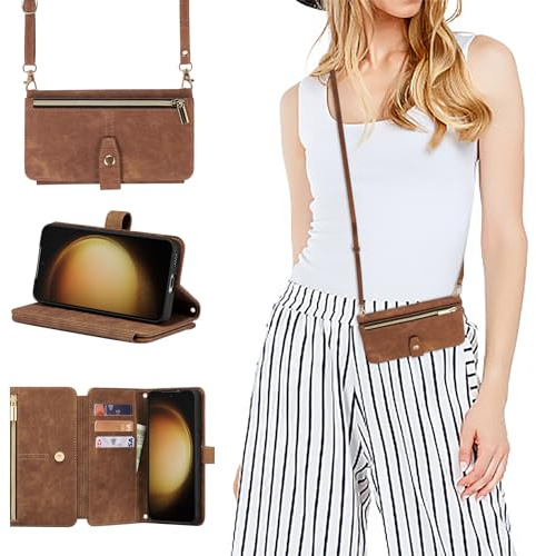 ZCDAYE Hülle für iPhone 15 Pro mit Band Handykette, Leder Handyhülle Handytasche mit Kartenfächern Frauen Brieftasche Klapphülle Tasche iPhone 15 Pro (6.06 inches),Braun