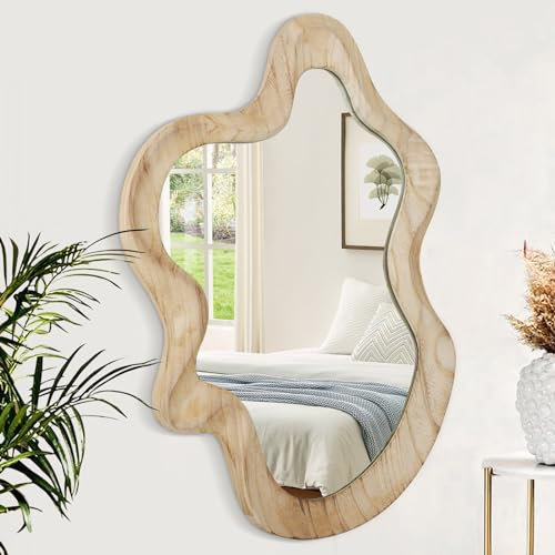 Lzuso Grand Miroir Mural asymétrique Cadre en Bois irrégulier Moderne Unique Mural Art Miroir ondulé décoration Salle de Bain vanité Chambre Salon Hall d'entrée 55x37cm Naturel