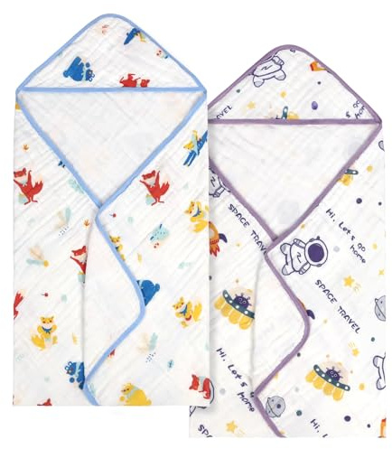 decalsweet 2 Stück Badeponcho Kinder, 100% Musselin Baumwolle Kapuzenhandtuch Baby Atmungsaktiv und Saugfähig, Badeponcho Baby Handtuch mit Kapuze für Neugeborene, 90×90cm(Raumfahrer Fuchs)