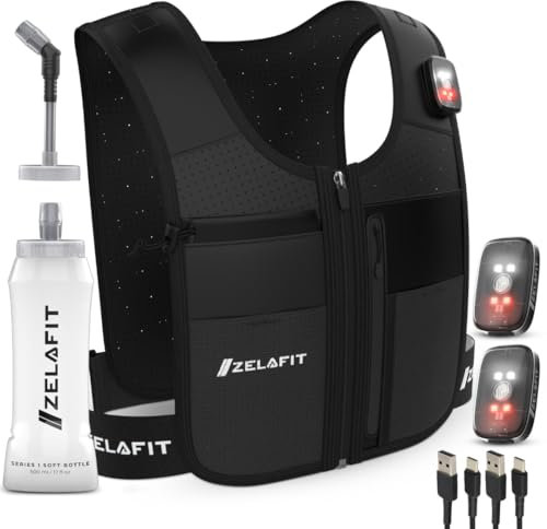 ZelaFit® Gilet da corsa ricaricabile a LED con bottiglia d'acqua e cannuccia, riflettente con 8 tasche, alternativa allo zaino da corsa in 2 misure, per uomini e donne (XS - S)