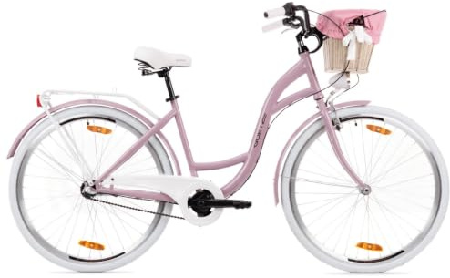 Goetze Style Damen Citybike 28 Zoll, Retro Fahrrad mit 3-Gang | Tiefeinsteiger, Shimano Nexus Nabenschaltung mit Rücktritt, LED-Beleuchtung, Rattankorb, Gepäckträger und Klingel