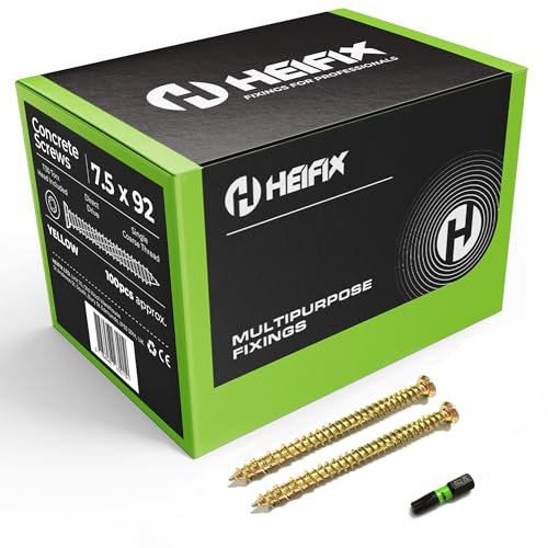 Heifix Carbon Steel Zinc-Plated Concrete Screws (QTY 100, 7.5mm x 92mm) FREE T30 Torx Bit Included - Flat Countersunk Head with Locking Ribs, Deep High/Low Thread for Maximum Hold