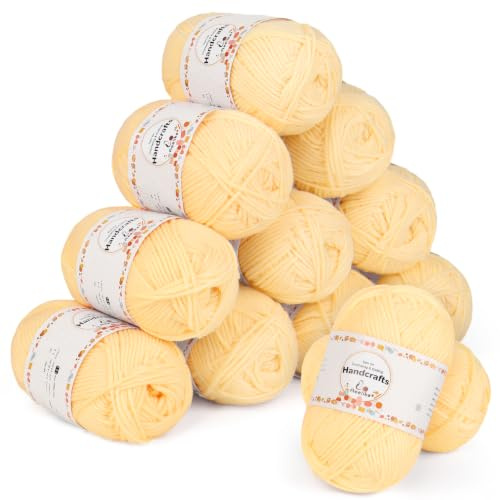 Aeelike 600g(12x50g) Häkelgarn Baumwolle zum Stricken, Langlebige Amigurumi-Set Polyacryl Baumwollgarn, 5Ply Garn zum Häkeln für Socken, Mützen, Schals, Pullover, Puppen, Gelb