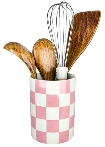 Nakor home Checkered Utensil Holder, 4.13''x5.71 Utensils Caddy for Kitchen Counter, Medium Size Utensil Crock for Countertop, Utensils Organizer Storage for Parties Dining-Modern Pink and White