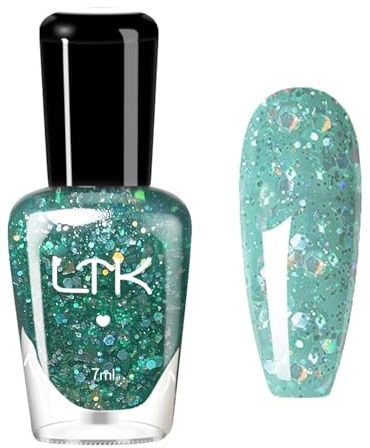 Green Glitter Nail Polish - Sparkly Green Nail Polish - Glossy Nail Varnish Quick Dry - Shimmer Teal Colour Christmas Nail Art Paint For Women Girls Manicure DIY - No UV Lamp Needed