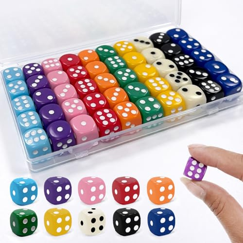 Set di 100 Dadi da Gioco 14mm, Dadi a 6 Facce Standard D6 in Acrilico, Ideale per Giochi da Tavolo e Didattica Matematica, Include 2 Scatole Contenitore Trasparenti (Opaco colorato)