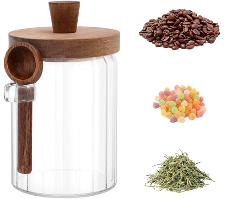 600/900 ml förvaringsburkar med lock, glaskök förvaringsburk med trälock, sked transparent mångsidig kaffebehållare lufttäta förvaringsburkar av glas för kaffebönor kryddor socker spannmål