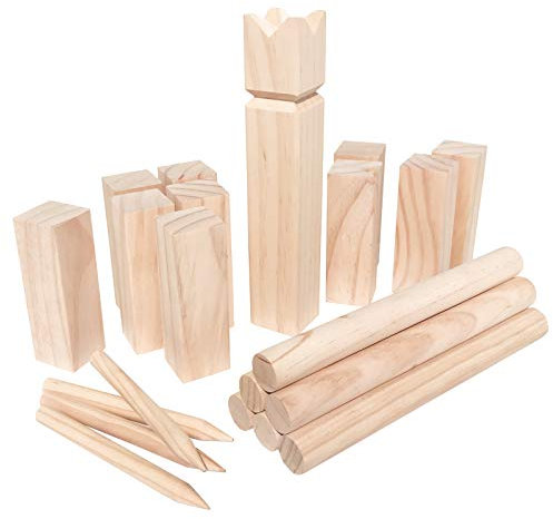 WELLGRO Kubb Spiel 22-TLG. - für 2-12 Spieler, massiv Holz, Wikingerspiel inkl. Spielanleitung und Netzbeutel - Schwedenschach Rasenschach Wurfspiel