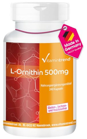 Vitamintrend L-Ornithin 500mg, 240 Kapseln, hochdosiert, Nahrungsergänzungsmittel vegan ohne Magnesiumstearat, in Deutschland hergestellt