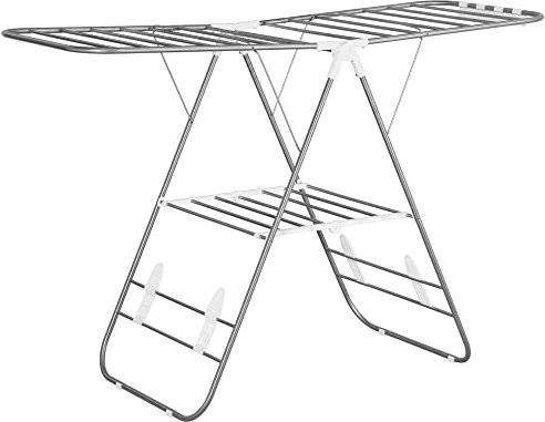 HOMCOM Wäscheständer 1,48 m Trockenlänge tragbar Standtrockner mit Teleskopstangen, Flügelwäscheständer Wäschetrockner für Innen und Außen, Silber+Weiß
