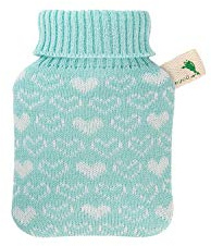 Hugo Frosch Mini-Wärmflasche 0,2 l mit weichem Strickbezug Herzen Türkis | kleine Mini-Bettflasche Made in Germany, auslaufsicher & langlebig, mit kuscheligem Überzug, abnehmbar & waschbar