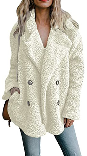OMZIN Abrigo De Oso De Peluche Para Mujer Chaqueta Informal Esponjosa De Lana Sintética Parte Delantera Abierta Con Bolsillos Cárdigan Cálido Otoño Invierno Blanco XL