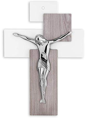 MAZZOLA LUCE Piccolo crocifisso da Parete Moderno Design Fibra di Legno Rovere Cristo marmorino Argentato 17x12cm con Foro