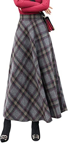 Damen Lange Rock Elegant Wollrock Winterrock Warm Plaid Casual Party Maxirock Hohe Taille A-Linie röcke Retro Elastische Taille Faltenrock Grey182-L