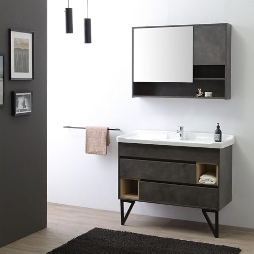 Kiamami Valentina Mobile Bagno a Terra 101 cm Stile Industrial con Lavabo | Composizione Vienna grigio antracite, lavabo ceramica, specchio contenitore 95x16x70 cm, 2 cassetti, piedini acciaio