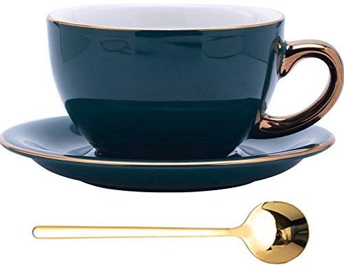 Coffeezone Luxury Gold 10 oz Thick Ceramic Latte Art Cappuccino Barista Cup with Saucer (Peacock Green)