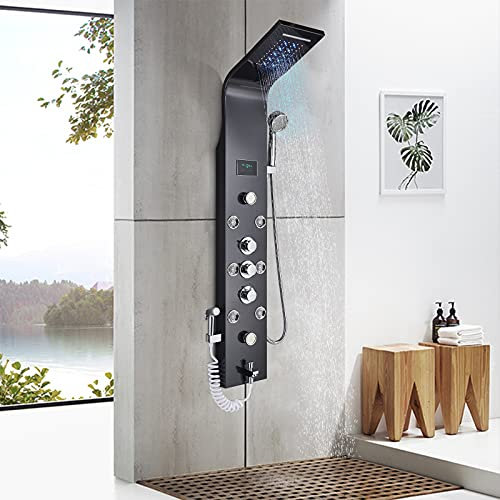 TVTIUO Black Shower Panel Wall Mounted Tower System Shower Tower Panel 6 Functions with 6 Massage Jets…